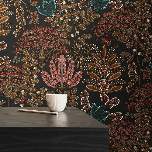 Livingwalls Blumentapete Schwarz Bunt Petrol Orange Rot Famous Garden 393495 - Vliestapete - 10,05 m x 0,53 m - Made in Germany