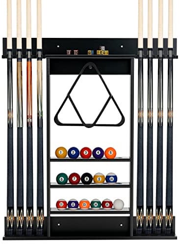 COSTWAY Pool Cue Rack Only, Wall Mounted Billiard Stick Holder with 3 Tiers Ball Slots, 8 Clips, Wooden Billiards Table Accessories Equipment (Black)