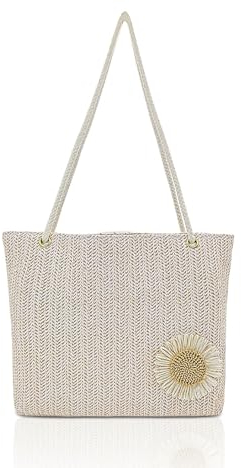 FuninCrea Straw Beach Bag for Women, Large Capacity Straw Bag Summer Woven Bag with Flower and Snap, Beach Tote Bag Foldable Large Beach Bag Hobo Bag Portable Summer Bag for Outdoor (White)