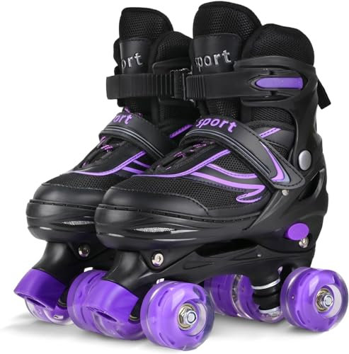DUZSKJ Verstellbare Kinder Rollschuhe für Jungen Mädchen, Einstellbare Rollschuhe für kleine große Kinder Anfänger (Schwarz & Violett, S)
