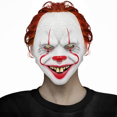 Applysu Maschera da clown con capelli, Halloween, demone in lattice, pennywise joker, spaventoso viso intero, accessorio di scena per Halloween, carnevale, cosplay, feste per adulti