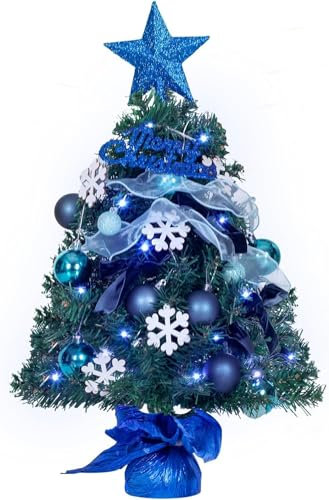 NALONE Mini árbol de Navidad con iluminación LED mesa y temporizador, 24 pulgadas nieve flocado pequeño árbol de Navidad con 27 adornos de 90 ramas (azul)
