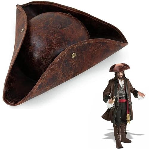 Halloween Pirate Hat for Adult Medieval Costume Hat Brown Distressed Colonial Style Tricorn Hat Party Headwear Women Men Novelty Hat Leather Pirate Cap for Festival Theme Cosplay Fancy Dress Accessory