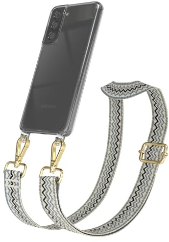 EAZY CASE Handykette - Verstellbares Taschenband kompatibel mit Galaxy S21 5G, Schulterriemen, Handykordel mit Silikon Hülle, Umhängetasche, Beige Blau Gold