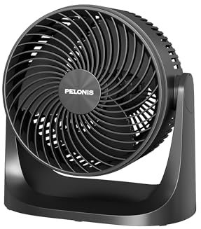 PELONIS 3-Speed Air Circulator Fan | 7-Inch Compact Desk Table Fan with 100° Adjustable Tilt, Portable Cooling for Bedroom, Office & Student Rooms | Energy-Efficient Black Fan for AC and Heater