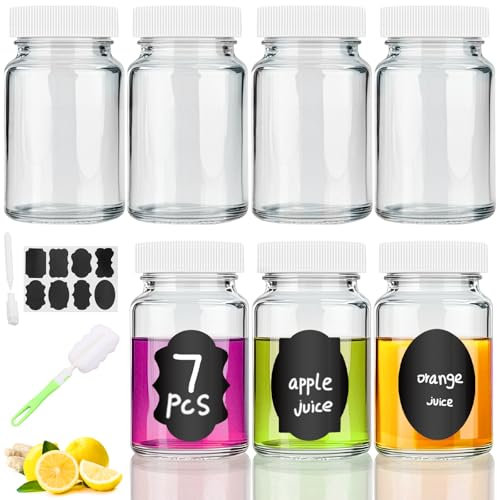 7 Stk. 60ml Ingwer Shot Flaschen zum Befüllen Glas Kleine Glasflaschen zum Befüllen Shotgläser mit Deckel Etiketten Stift und Zubehör Mini Glasflaschen für Ginger Saft Smoothie Whiskey Gewürze(Weiß)