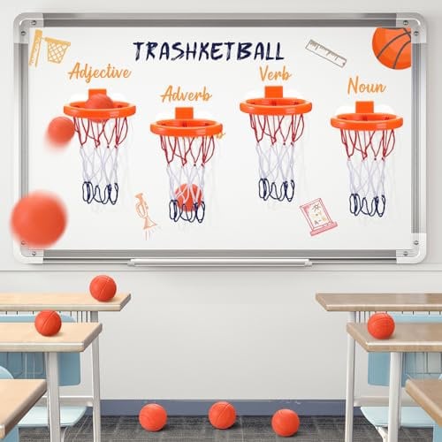 Soulchen 4 Sets Trashketball Game Basketball Set 4 Pcs Trash Can Basketball Hoop 12 Pcs Inflatable Ball Review Games Trash Can Mini Basket Ball Hoop for Office Adults Birthday Gift Party Kitchen Home