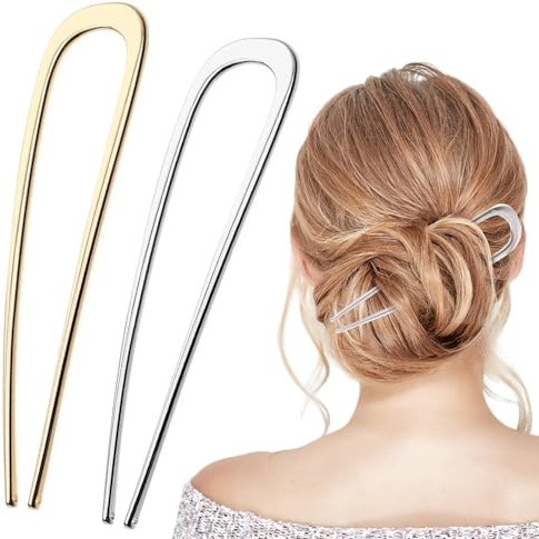 2pcs French Hair Pins, Metal U Shaped Hair Accessories for Women | Elegant & Durable Hair Fork for Updos, Chignon, Bun & Twist Hairstyles (1 Gold & 1 Silver)