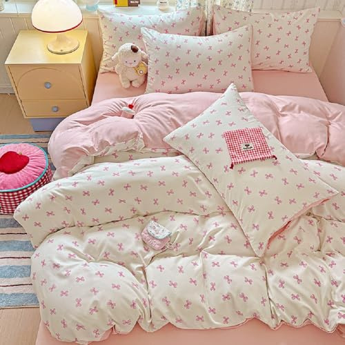 Freyamy Schleifen Bettwäsche 135x200cm 2teilig, Weiß Rosa Schleife Wendebettwäsche-Set Mikrofaser Bettwaren-Sets 1 Bettbezug mit Reißverschluss und 1 Kissenbezüge 80x80cm