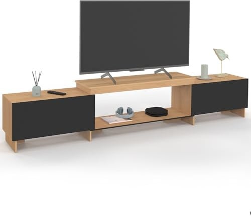 IDMarket - Ausziehbares TV-Möbel 140-240 cm VLAD 2 Türen aus Holz und Schwarz