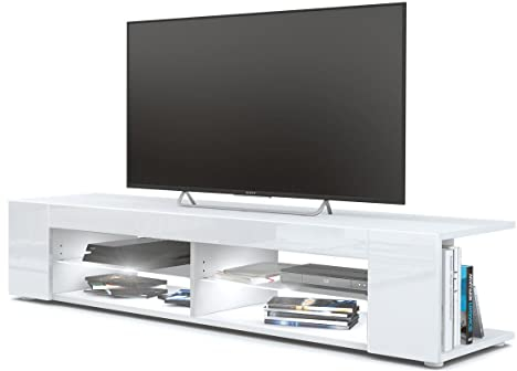 Vladon Mueble TV Movie, Cómoda TV con 4 Compartimentos Abiertos y Franjas Decorativas, Blanco Mate/Blanco de Alto Brillo, incluida la iluminación LED Blanca (134 x 29 x 39 cm)