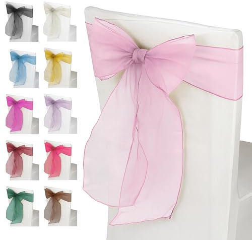 Trimming Shop Baby Rose Organza Sashes Chaise Chaise Couleur Assorte Fuller Bow Ruban pour mariage, banquet, anniversaire, décoration d'événement, 17cm x 280cm, 50pcs