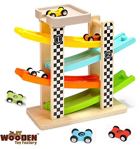 The Wooden Toy Factory – klick-Klack Autorennbahn mit *6* Autos - Inklusive Parkplatz - Keine Montage Erforderlich