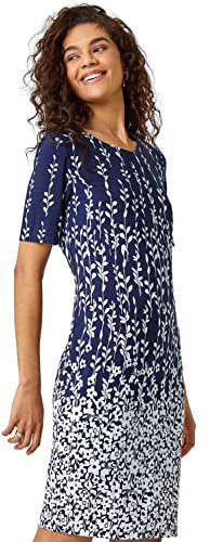 Roman Originals Women Floral Print Shift Dress Ladies Textured Bodycon Work Smart Office Business Occasion Pencil Fitted Tight Tailored Short Sleeve Round Crew Neck - Navy & White - Size 20