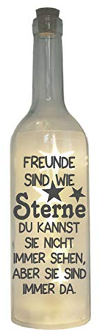 WB wohn trends LED-Flasche mit Motiv, Freunde sind wie Sterne, grau, 29cm, Flaschen-Licht Glitzer-Flasche Leuchtflasche Lampe mit Text Spruch