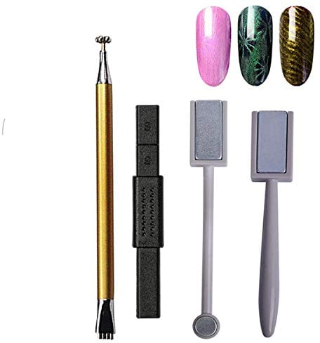 4Pcs Nail Magnet Tool Set, Mwoot Double Head Flower Design Nail Magnet Pen And Strong Magnet Stick Dotting pens For DIY 3D Magnetic Cat Eye UV Gel Polish Nail Art