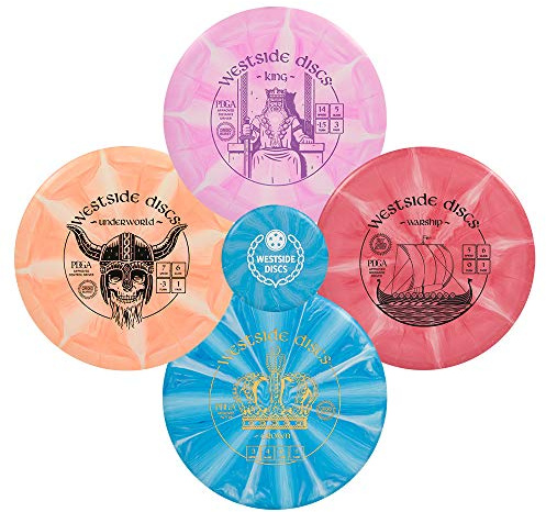 WESTSIDE DISCS Four Disc Origio Burst Disc Golf Starter Set | Frisbee Golf Set | King Distance Driver | Underworld Fairway Driver | Warship Midrange | Crown Disc Golf Putter | Farben variieren
