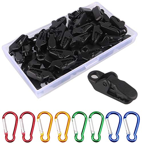 GTIWUNG 50 Pezzi Morsetto da Campeggio, Tenda Parasole Morsetto, Clip Plastica per l Fissaggio di Tende, Teloni, Cartelli & Piani di Supporto, Nero + 8 Pezzi D Tipo Moschettone Portachiavi