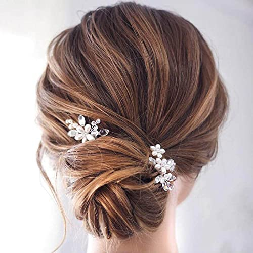 Prosy Braut Hochzeit Blume Haarnadeln Silber Braut Kristall Haarspangen Perle Floral Kopfschmuck für Frauen und Mädchen (2 Stück)