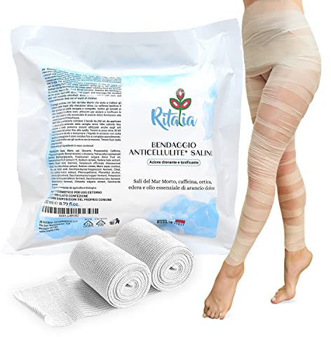 BENDE DRENANTI ANTICELLULITE Ritalia® con sale del Mar Morto e principi attivi 100% VEGAN - Trattamento bendaggio anticellulite riducente e rassodante per gambe e glutei (2 bende)