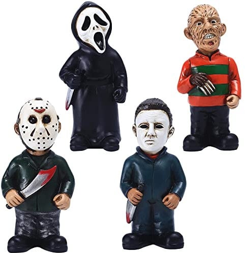 SINSEN Horrorfilm-Gartenzwerge, Alpträume, Michael Myers, Jason, Statuen, Mörder, Schrei, gruselige Figuren, Harz-Skulptur für Halloween, Weihnachten, Garten, Hof, Dekorationen (4 Stück)