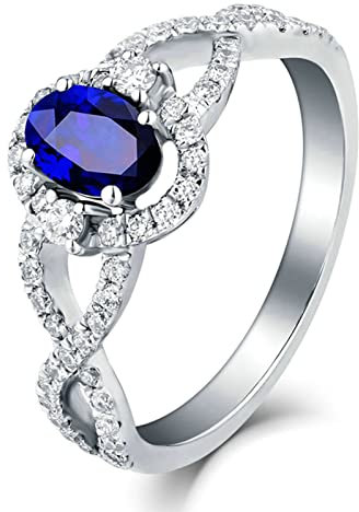 Ayoiow Weissgold Ring Damen, Verlobungsring Damen Hohle Verdrillt Oval 1.72 Karat Blau Saphir Ringe 0.534 Karat Ring mit Steinen Ring Blau Weißgold Größe 57 (18.1)