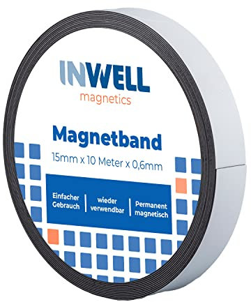 Inwell - Magnetband 15 mm in Farbe weiß auf Rol | 10 meter | NICHT Selbstklebend | Beschreibbare weiße Vinylschicht | Starker Magnetkraft | Magnetstreifen