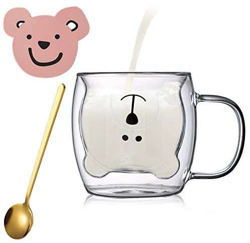 Yuragim Süße Bärenbecher, Süße Tassen Bär Teegläser, 300ml Kaffeetasse mit Griff, Kaffeegläser Kawaii Doppelwandige Gläser mit Löffel & Untersetzer, Milchtasse Geschenk zum Weihnachten Geburtstag Büro