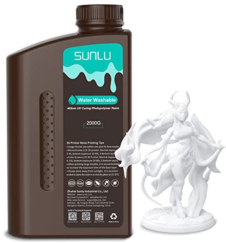 SUNLU Résine Lavable à l'Eau pour Imprimante 3D, 2kg 405nm UV Résine Photopolymère à Durcissement Rapide pour Imprimante 3D 4K 8K LCD DLP SLA, Pas d'Alcool Nécessaire, Haute Précision, 2000g Blanc