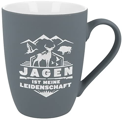 Spruchreif | Soft-Touch Tasse Grau Jagen ist meine Leidenschaft – Beidseitig gravierte Tasse mit Jagd-Motiv | Originelles Geschenk für Jäger & Naturfreunde