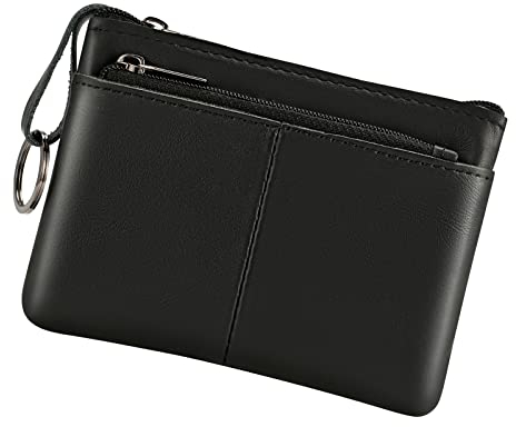 Porte-monnaie en cuir véritable avec triple fermeture éclair et porte-clés, Noir , Pochette à monnaie