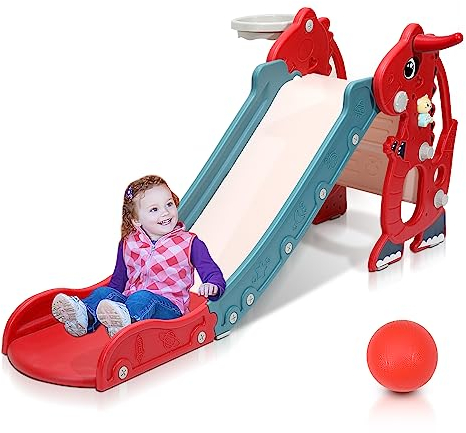 Jopassy Toboggan - Toboggan - Tour de jeu 4 en 1 avec toboggan - Cadre de basket-ball et machine d'apprentissage en anglais - Toboggan pour enfants à partir de 2 ans - Glissière amusante pour