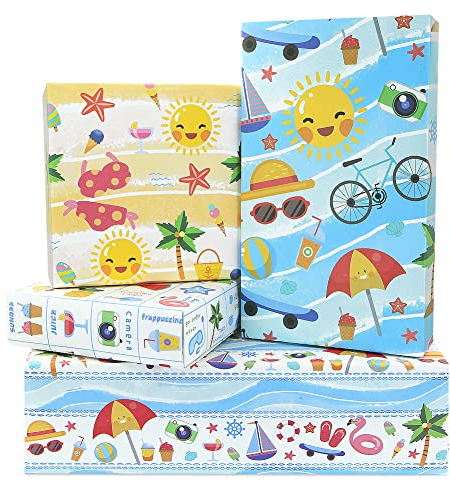 Geschenkpapier mit Strand-Thema, Sommer-Geburtstag, Kraftpapier, 4 Blatt, hawaiianische Sonnenmuscheln, Eiscreme, Geschenkpapier Kunstpapier für Jungen Mädche Sommer Luau Strandparty, 70 x 50 cm