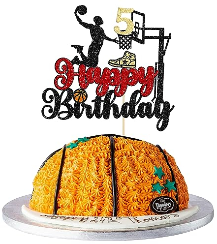 1Pc 5th Birthday Basketball Cake Topper Glitter Basketball Sports Theme Cake Pick for Baby Shower 5th Birthday Cake Decorations Party Supplies Black