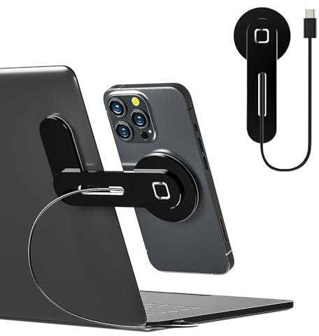 Laptop Phone Holder,15W Fast Wireless Charger Magnetic Phone Holder for Laptop,Adjustable Phone Monitor Side Mount for iPhone 15/14/13/12 Series,Slim Portable Computer Expansion Bracket,Black