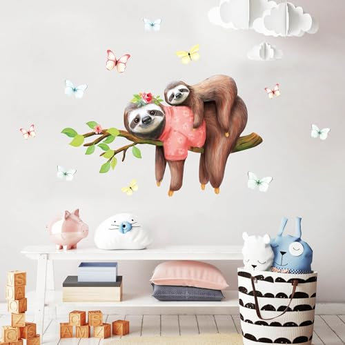 Wandtattoo Kinderzimmer Faultier Mama mit Faultier Baby Dekoration Babyzimmer Wandsticker Wand Aufkleber, 1. S 34 cm x 55 cm