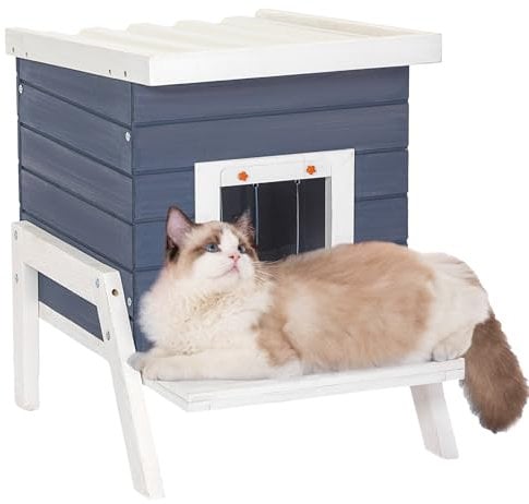 Petsfit Katzenhaus für den Außenbereich, Katzenhöhle mit erhöhtem Boden von 13,5 cm, Katzenhaus für den Außenbereich, aus Holz, Kaninchenhaus, Blau