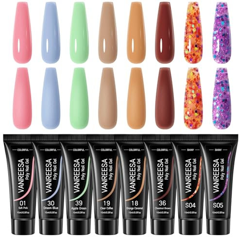 VANREESA Poly Nail Gel Kit 8 Colours 15ml Pink Blue Brown Poly Nail Gel Kit Gifts for Women