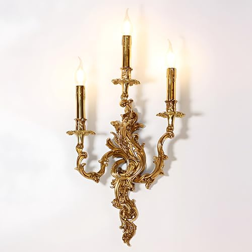 Bofea- Mid Century Retro Wall Sconces,Brass 3-Light Fireplace Lamp,Farmhouse Gold Candle Sconces,Art Deco Wall Mounted Lamp for Bedroom Living Room Foyer
