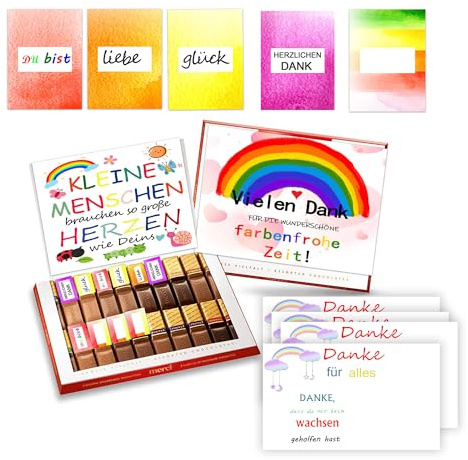 4-Sätze Erzieherin Aufkleber Set passend für Merci Schokolade 250g für Abschiedsgeschenk für Erzieher mit vorgedruckten Aufklebern I Geschenk zum Abschied Erzieherin Kita + Grußkarte I ohne Schokolade