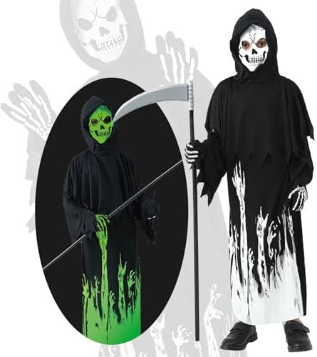 SHOWHEEL Halloween-Sensenmann-Kostüm,Halloween Skelett Kostüm Kinder, im Dunkeln leuchtendes Zombie-Kostüm, Cosplay-Set mit einer gruseligen Sensenmann-Sense und Skelett-Handschuhen (5-7 Jahre*2)