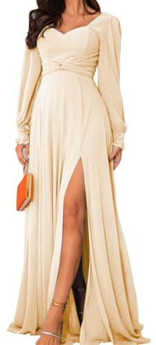 HPPEE Long Sleeve Champagne Bridesmaid Dresses with Pockets for Women Chiffon Formal Dress with Slit Plus Size Wedding Guest Gown UK30