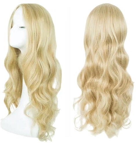 SDXCJY Lange Lockige Lange Gewellt Hellblond Blond Perücke für Frauen 27’’ Lockige Volle Haar Gewellt Hitzebeständig Perücke Damen Cosplay Kostüm Charmante Perücke für Tägliche Karneval.