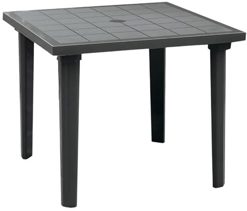 Tomaino - Table de jardin carrée en plastique pour extérieur - Table à manger 4 places avec trou pour parasol en polypropylène, mobilier extérieur pour balcon, terrasse, camping, bar (Noir)