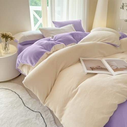 Covebett Warme Bettwäsche 135x200 Lila Weiß Winter Warm Flanell Fleece Shaggy Cashmere Touch Kuschelig Wendebettwäsche Flauschig Coral Fleece Samt Bettbezug Reißverschluss und 1 Kissenbezug 80x80cm
