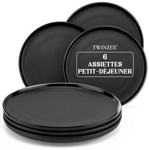 Twinzee Assiette en Grès Noir - Set de 6 Petites Assiettes Service de Table - Résistante au Micro-ondes et au Lave-Vaisselle - Vaisselle et Arts de la Table Élégante