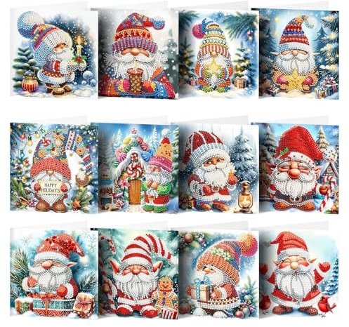 Diamond Painting Weihnachten, 12 Stück Karten Mit Umschlag Set, 5D Klein 15x15 Deko Weihnachtsgeschenke (Style-1)