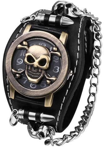 Avaner Uhren Damen Herren Armbanduhr: Trendy Damenuhr Mode Punk-Stil Cuban Kette Schädel Unisex Uhr Armband Halloween Deko für Männer und Frauen