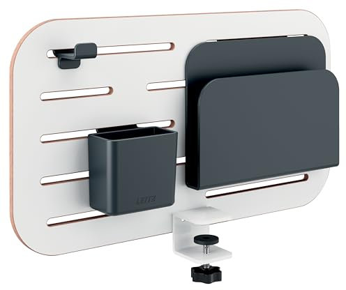 LEITZ Ergo - Petit Panneau Perforé Mural, Organiseur brochable pour Bureau de 35mm Max, Accessoires avec Porte-Crayon/Carnet & Crochet pour Casque, 42 x 25 cm, Gamme Ergo, Coloris Blanc, 65480000