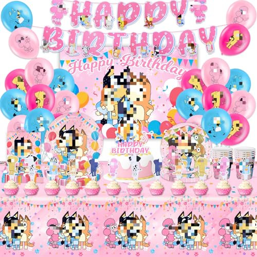 Partygeschirr Geburtstagsdeko,84 Stück Rosa Dog Birthday Decorations,Rosa Geburtstag Party Deko Geschirr Kit Pappteller,Banner,Servietten,Pappbecher,Tischdecken,Luftballons,Toppers,Hintergrundtuch